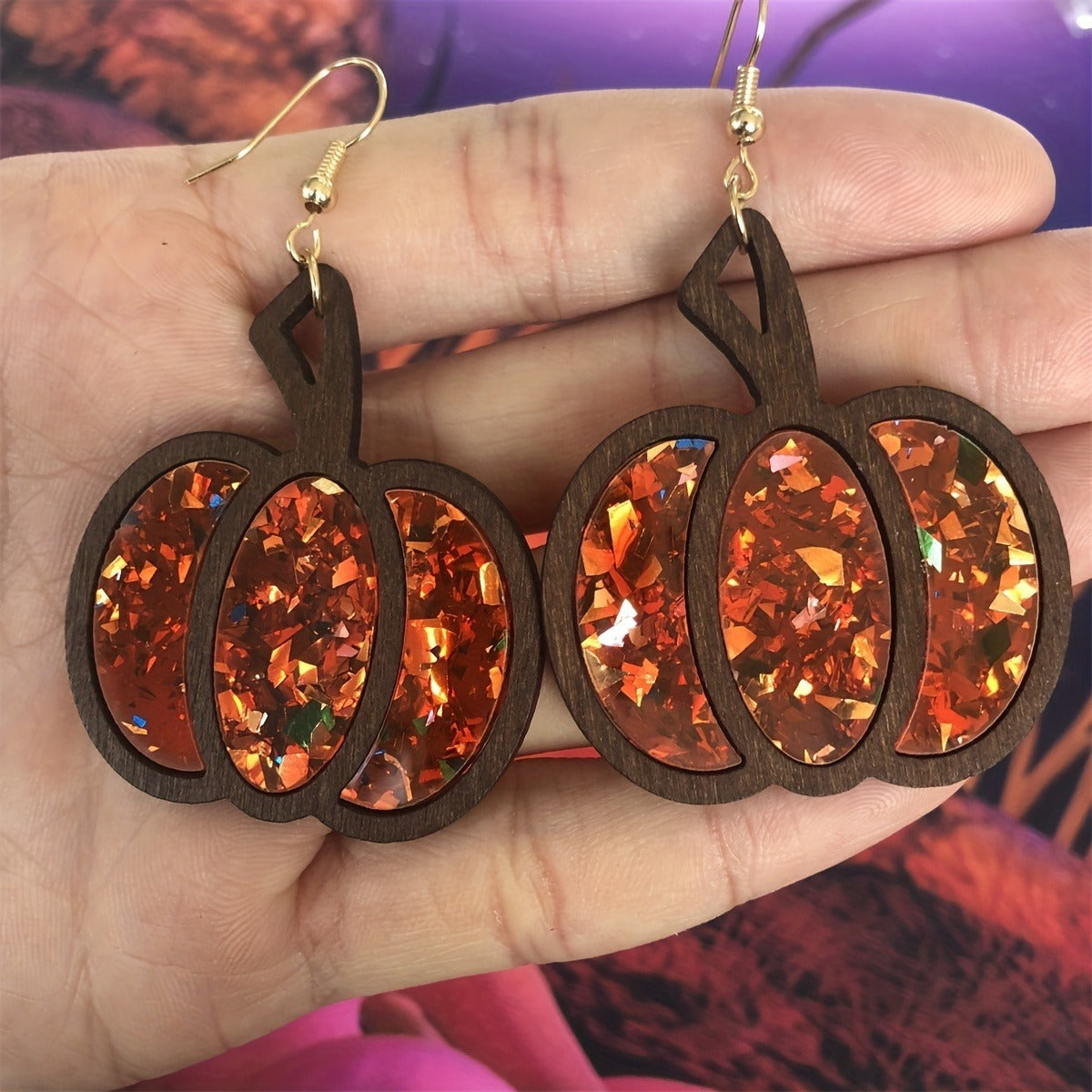 Halloween Autumn Thanksgiving Retro Big Pumpkin Wooden Earrings